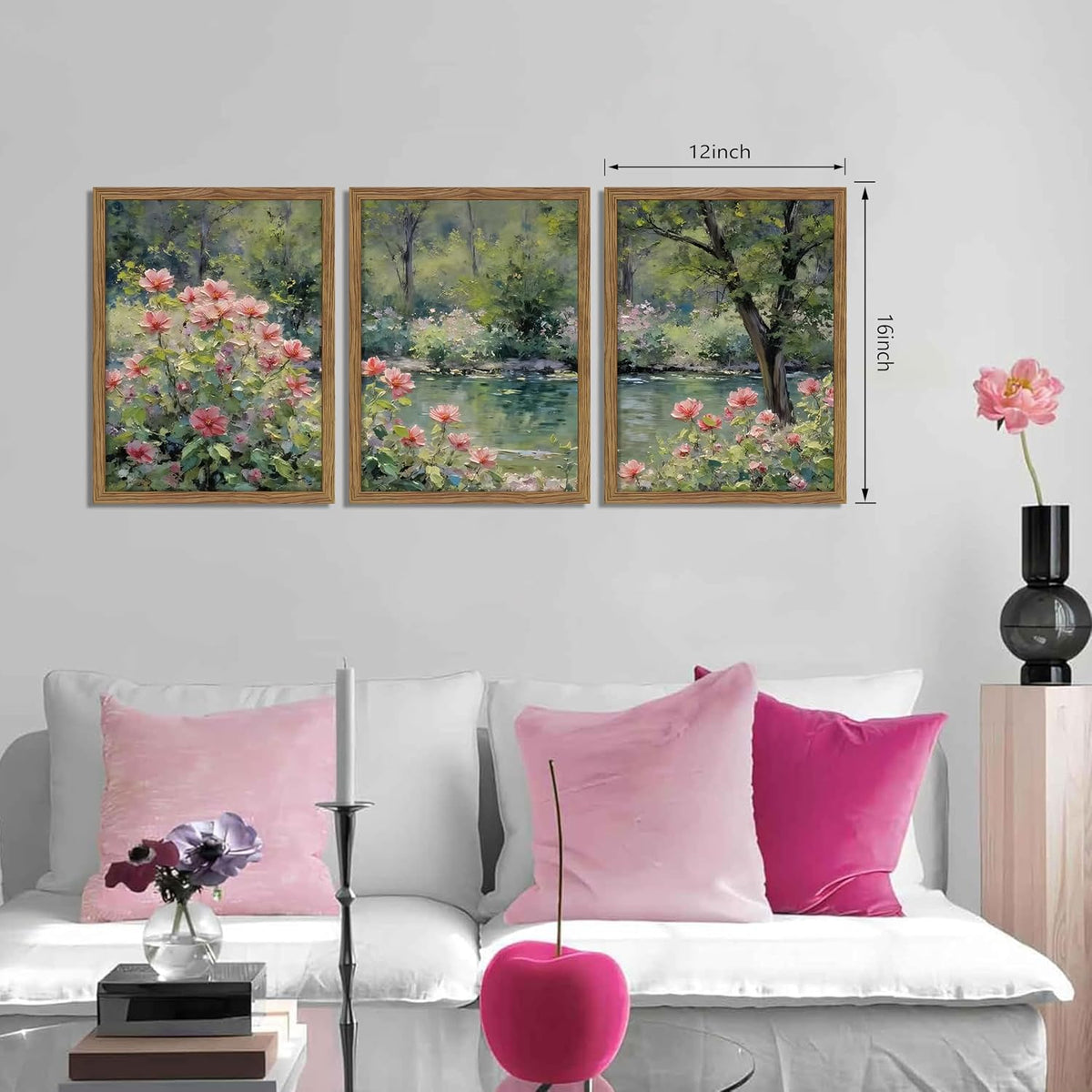 Three framed floral panels above a sofa with a measurement overlay indicating 12 by 16 inches per panel.