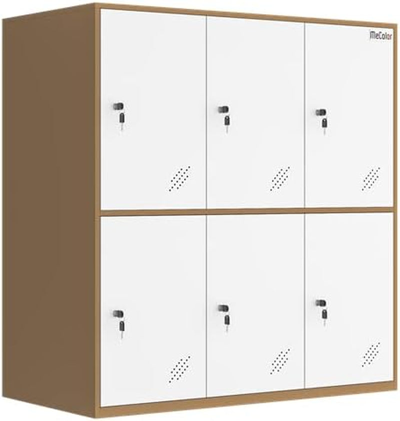 Angled front view of closed 6-door metal locker with brown cabinet sides and white doors