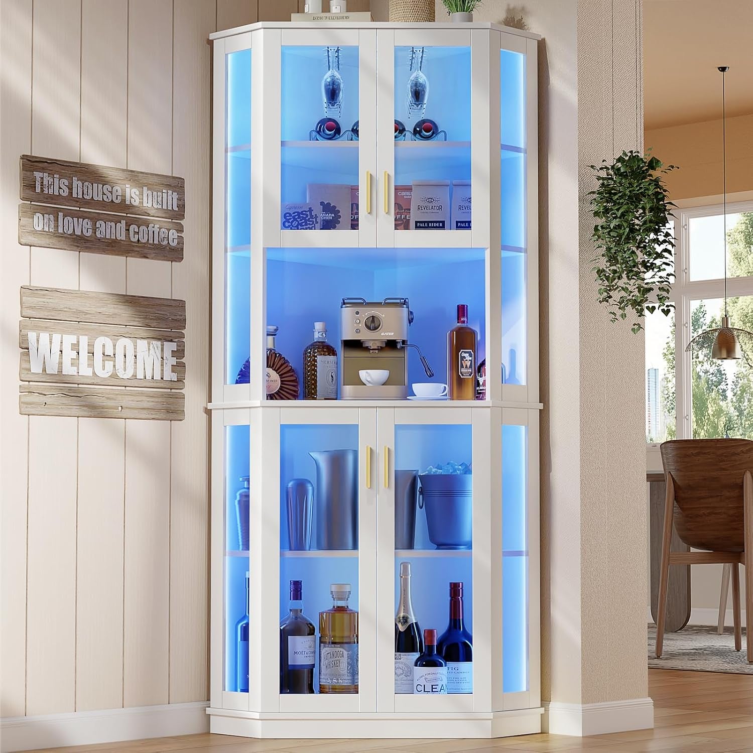 White corner wine bar cabinet with gold handles and blue LED backlighting, styled with a coffee machine on the middle shelf.