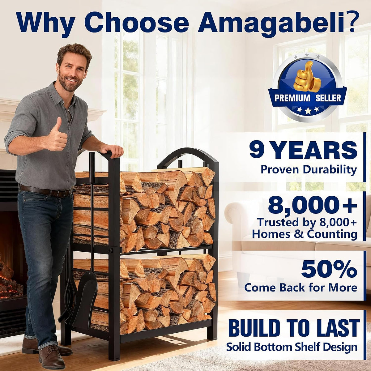 Two-tier black firewood rack loaded with logs displayed in a bright living room setting with a person standing beside it