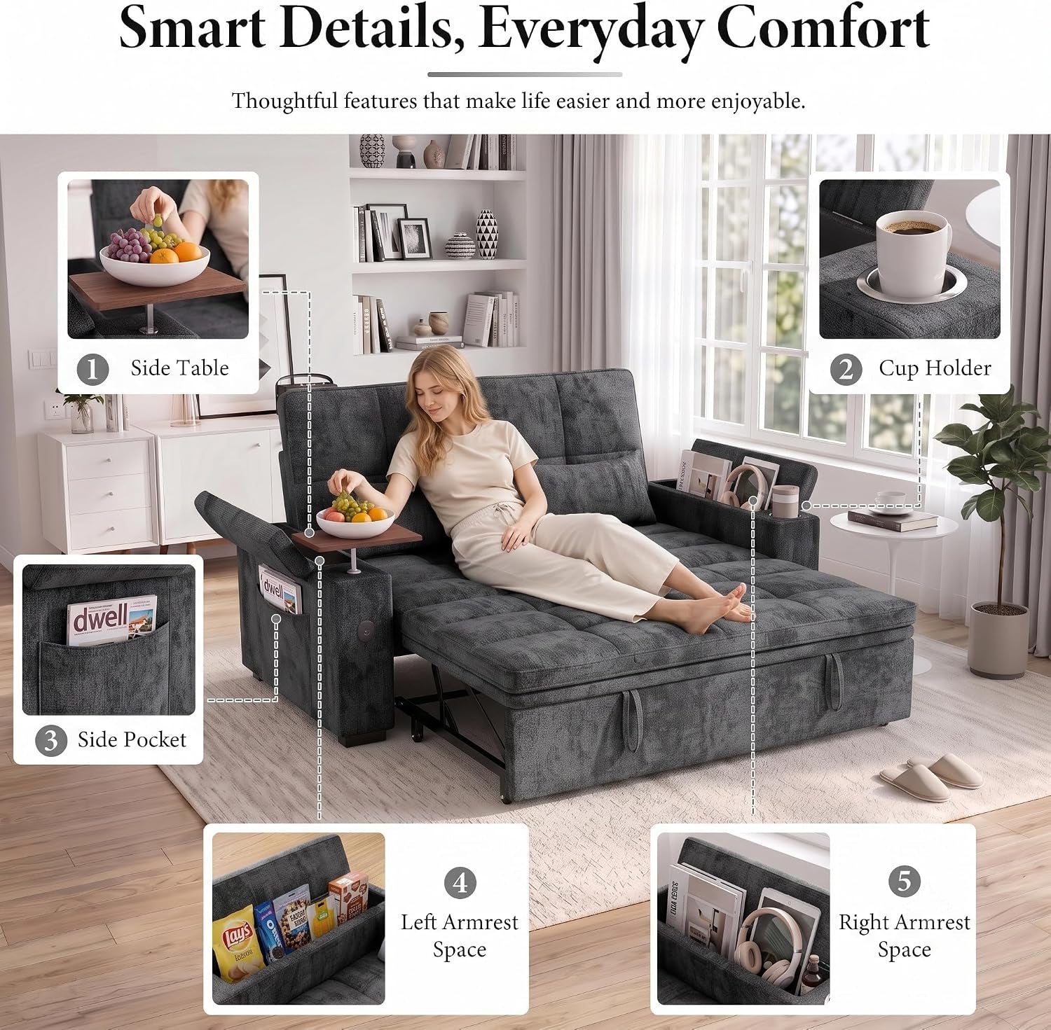 Collage highlighting swivel side table, built-in cup holder, side pocket and armrest storage