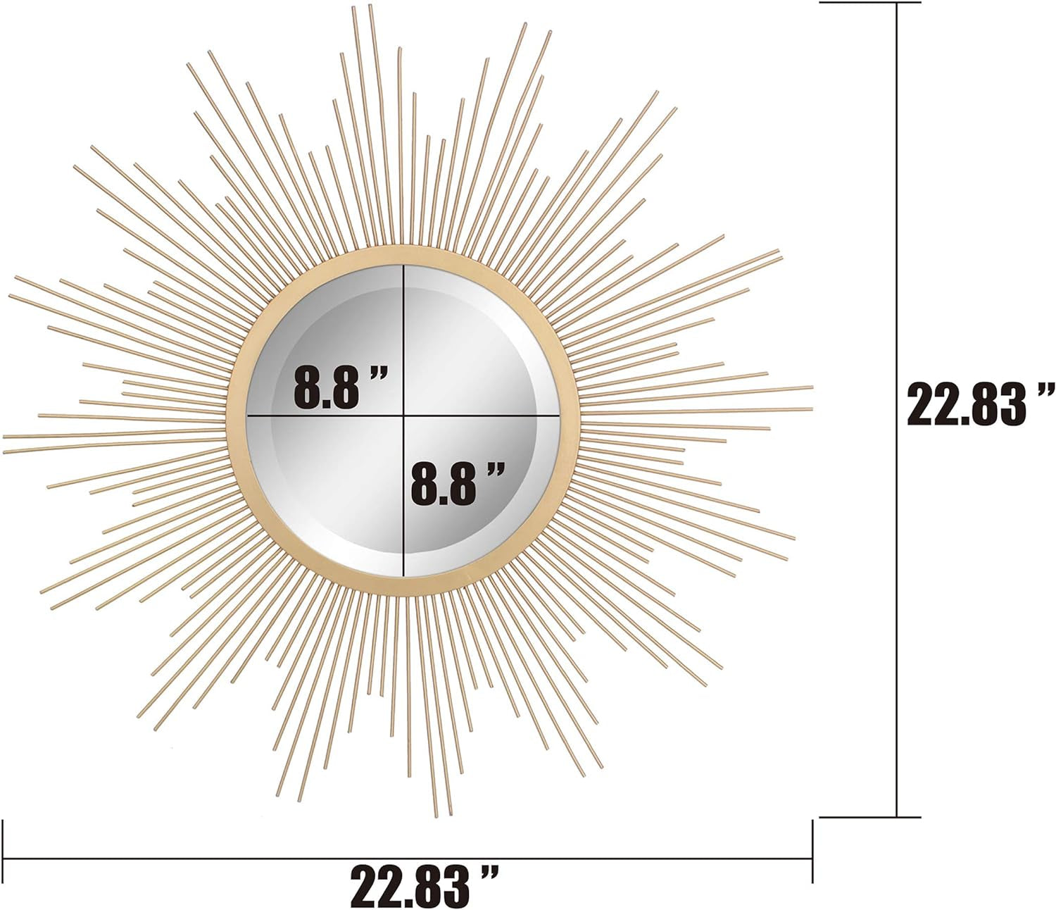 Starburst mirror with measurement overlay showing overall 22.83 inch diameter and 8.8 inch mirror