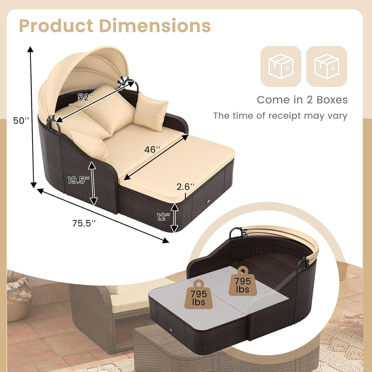 Dimension diagram of brown rattan daybed showing canopy and curved lounging surface