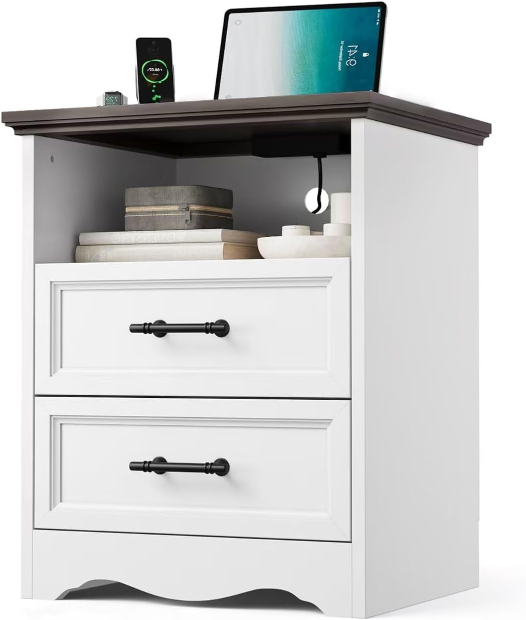 Front view of a white nightstand with dark wood top, open shelf and two drawers with black pulls.