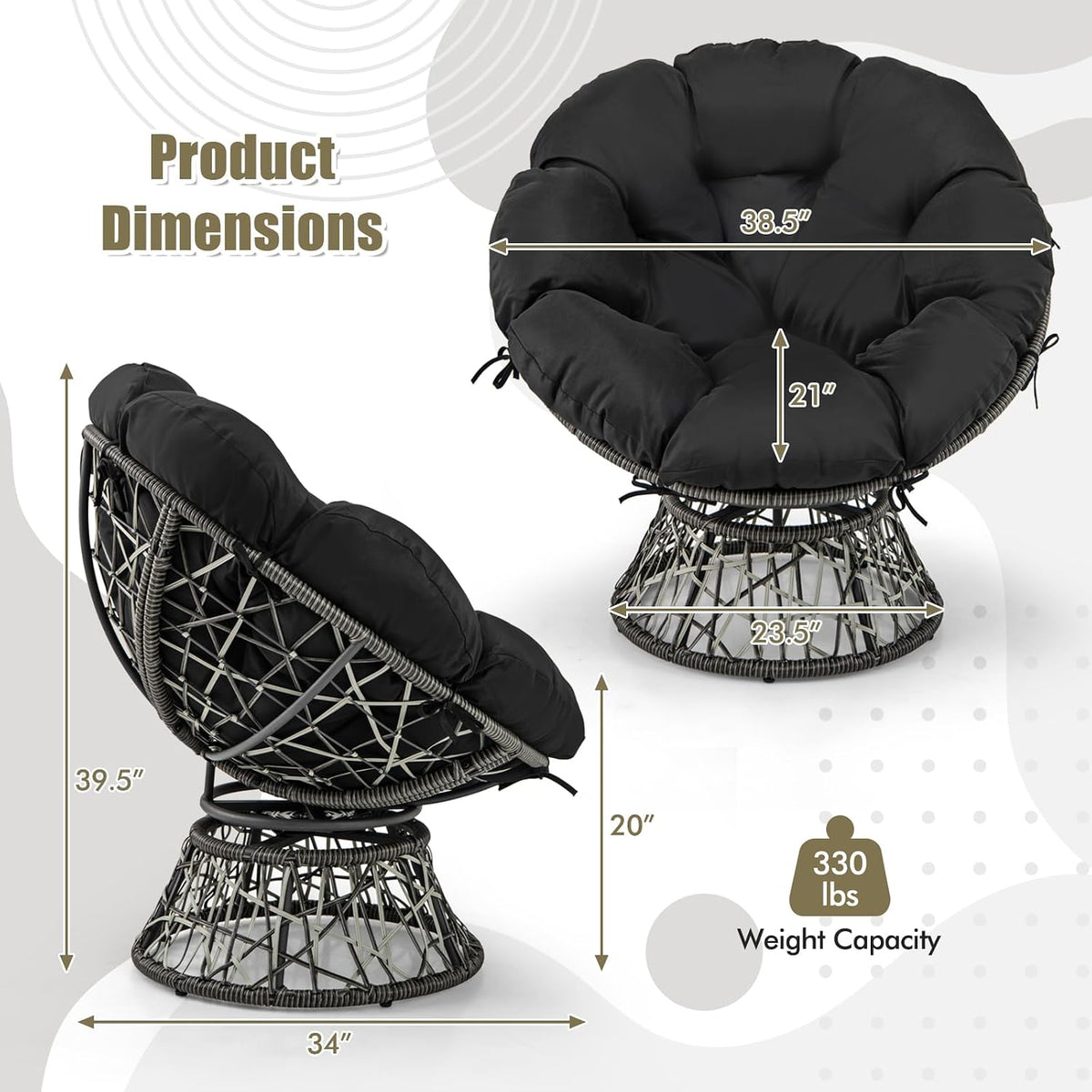 Front and side views of the chair with measurement callouts and a shown weight capacity icon.