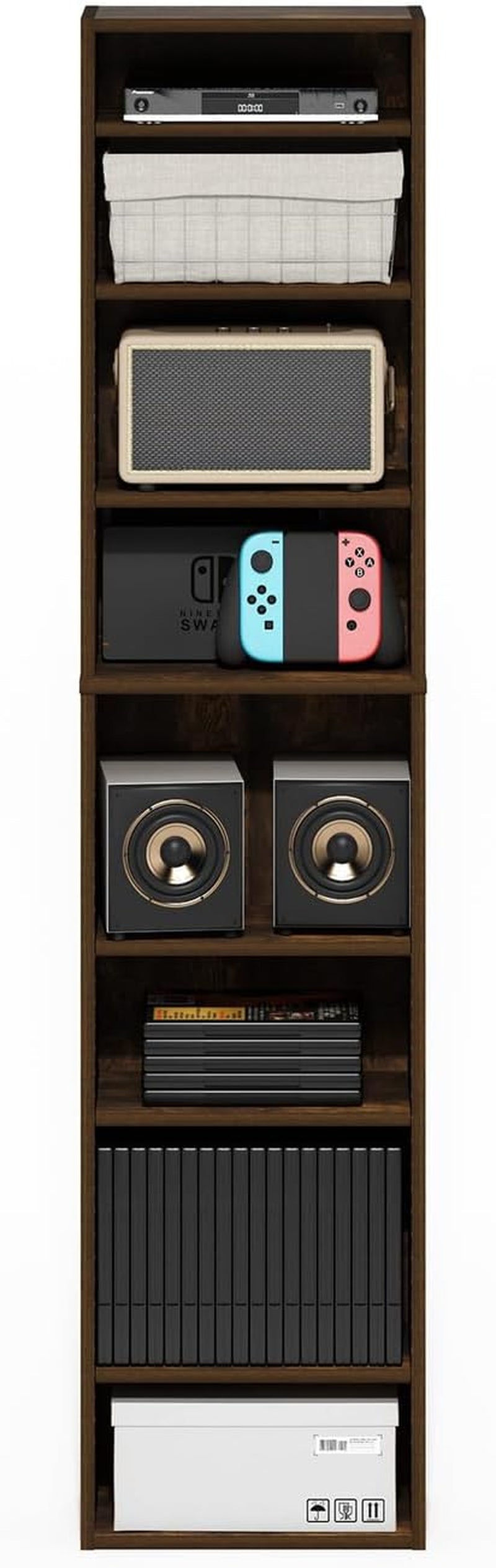 Front view of the tower in Amber Pine finish staged with small electronics and storage bins on multiple shelves