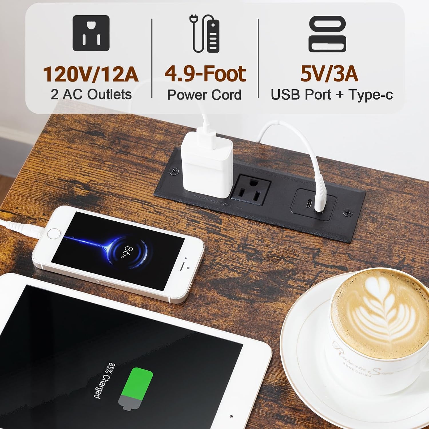 Close-up of top-mounted charging station showing two AC outlets and a Type-C port with devices charging