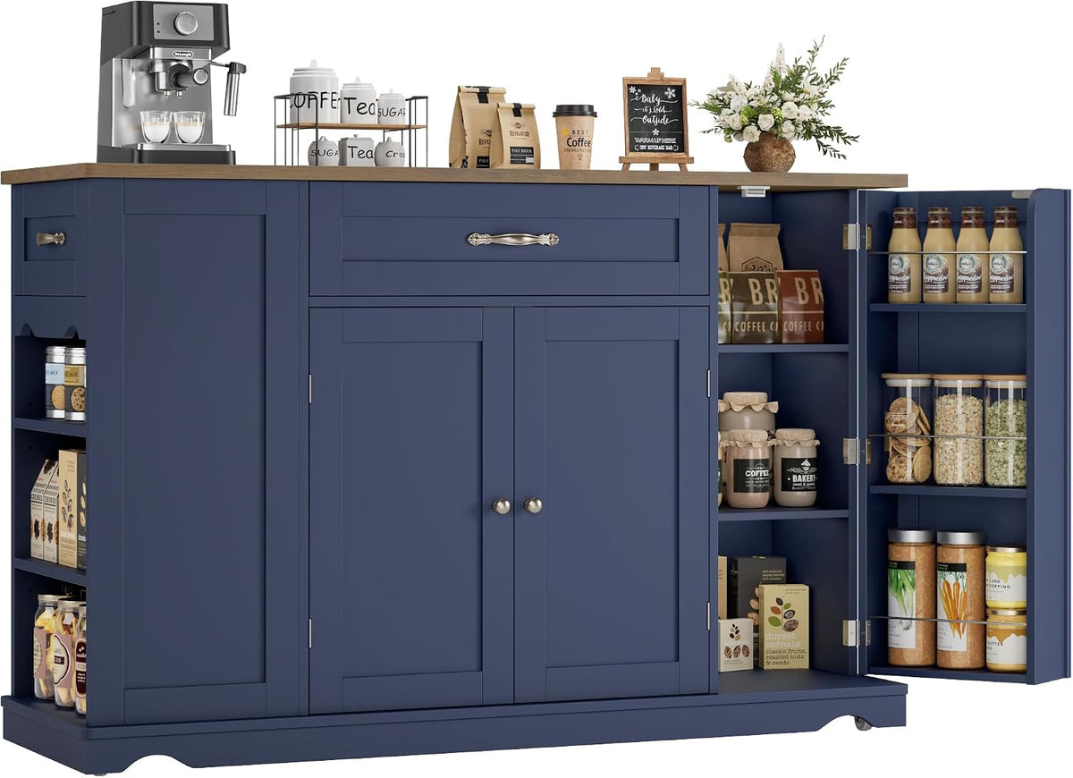 Studio shot of the island in navy blue with the right door open showing interior shelving