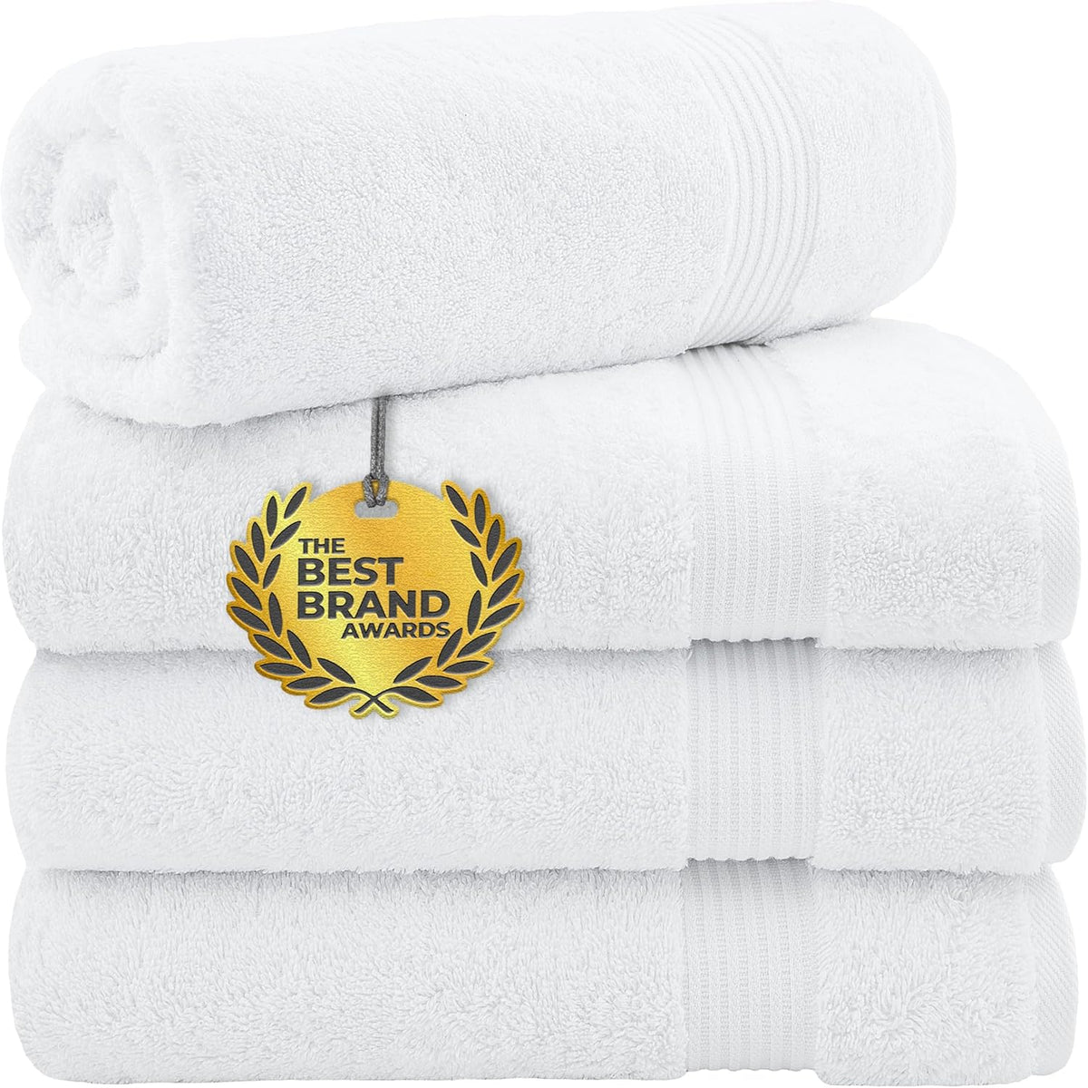 Front view of a stack of white towels with one towel rolled on top, ribbed borders visible