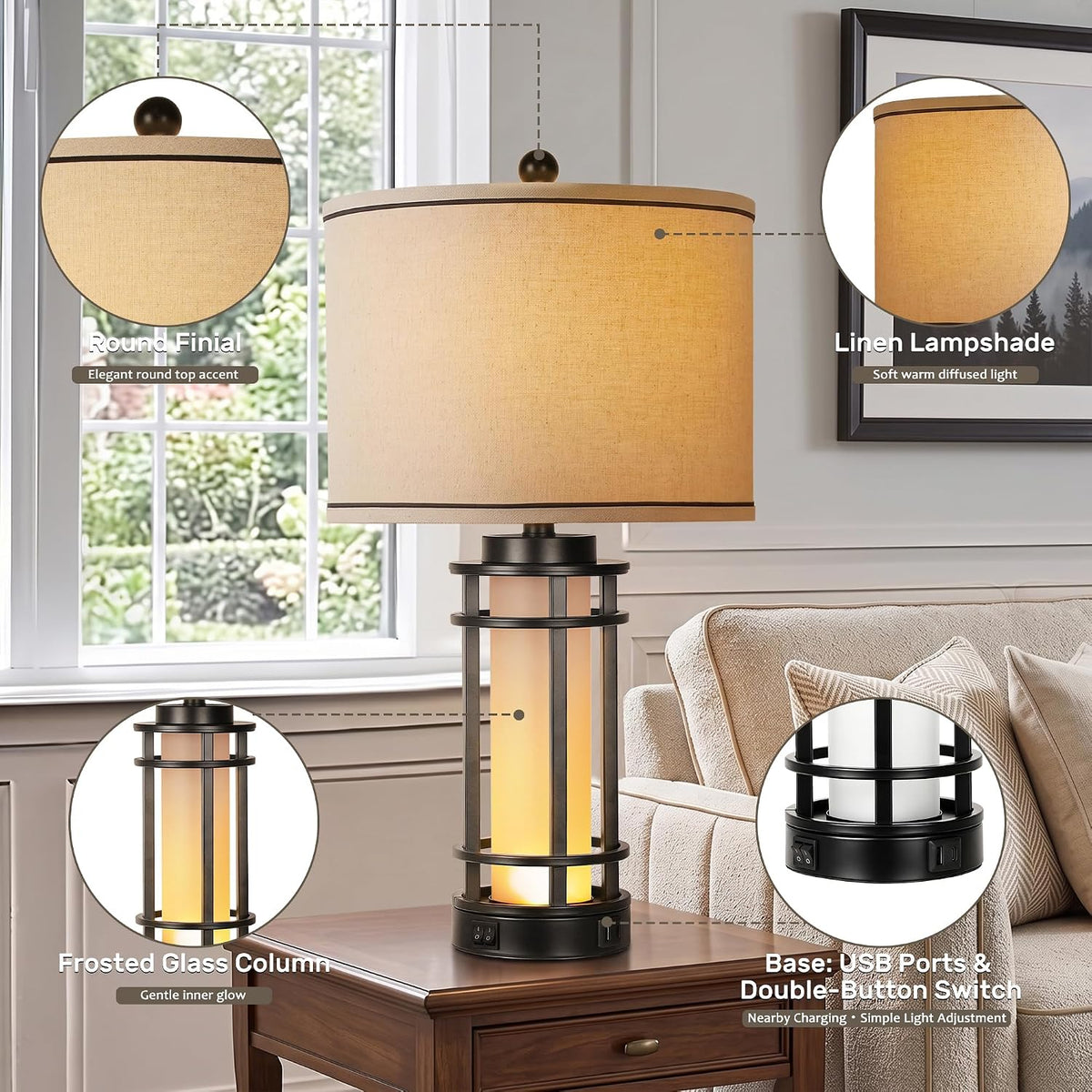 Lamp highlighting a linen lampshade, frosted glass column and a round base that includes USB ports and a double-button switch