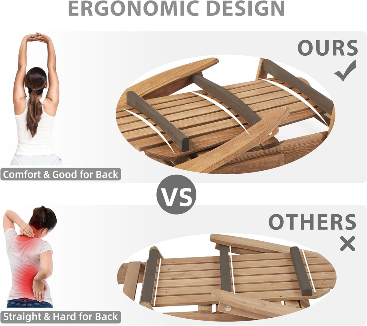 Graphic comparison showing curved seat slats for ergonomic support versus straight slats