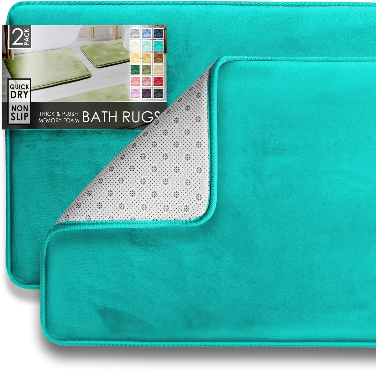 Top view of two turquoise rectangular bath mats, one corner flipped to show dotted non-slip underside.