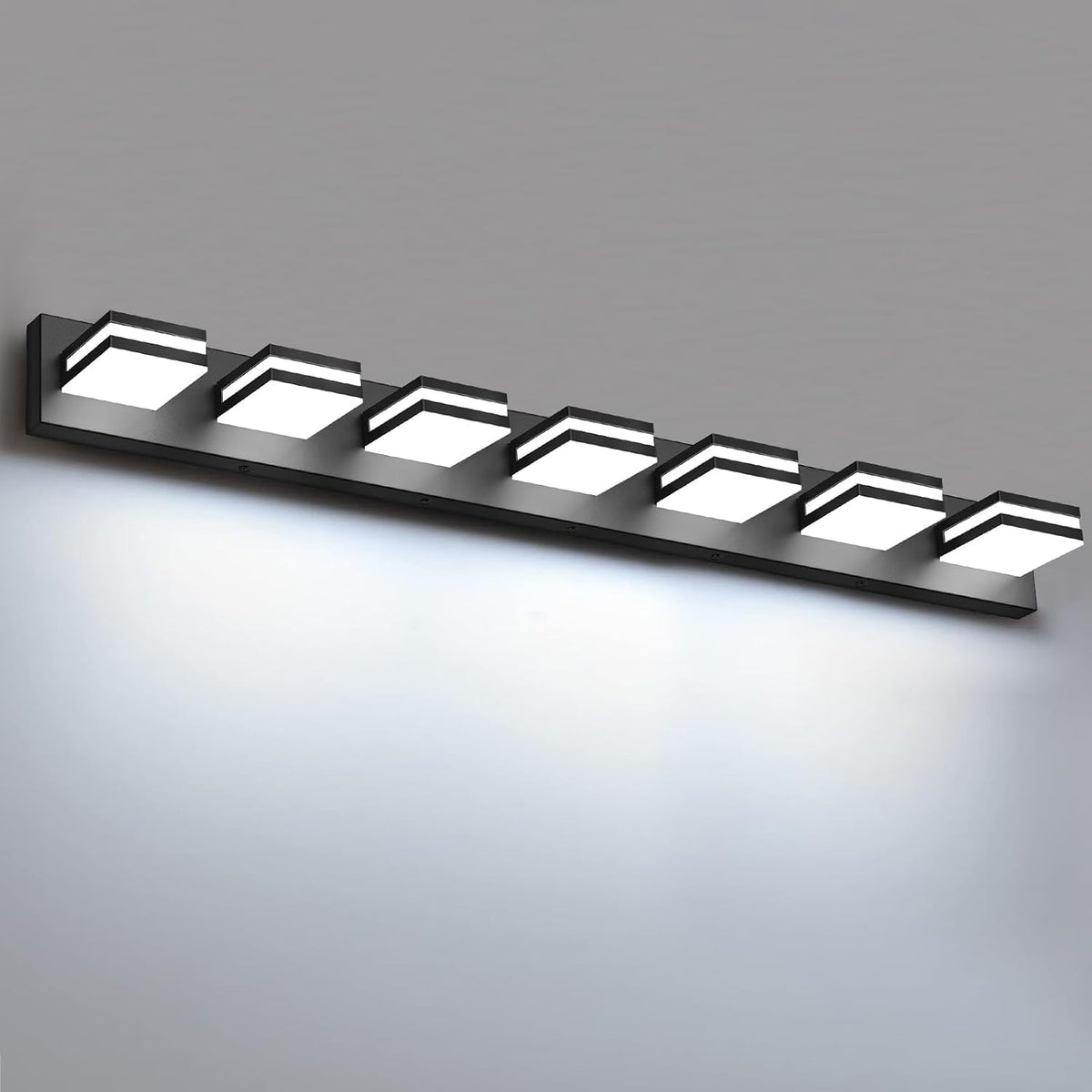 Wide angled view of the five-square LED lights mounted on a black base