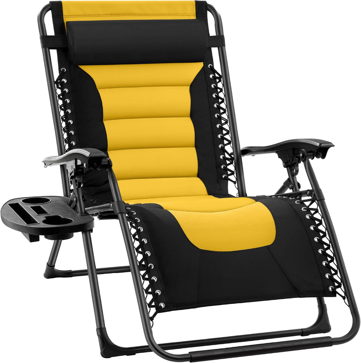 Yellow and black padded zero-gravity recliner shown at a three-quarter angle with cup tray on left