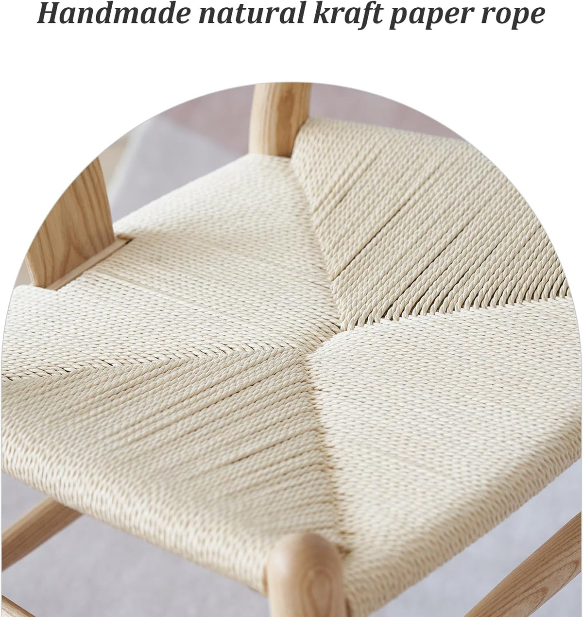 Close-up of the handwoven natural kraft paper cord seat showing the braided weave pattern