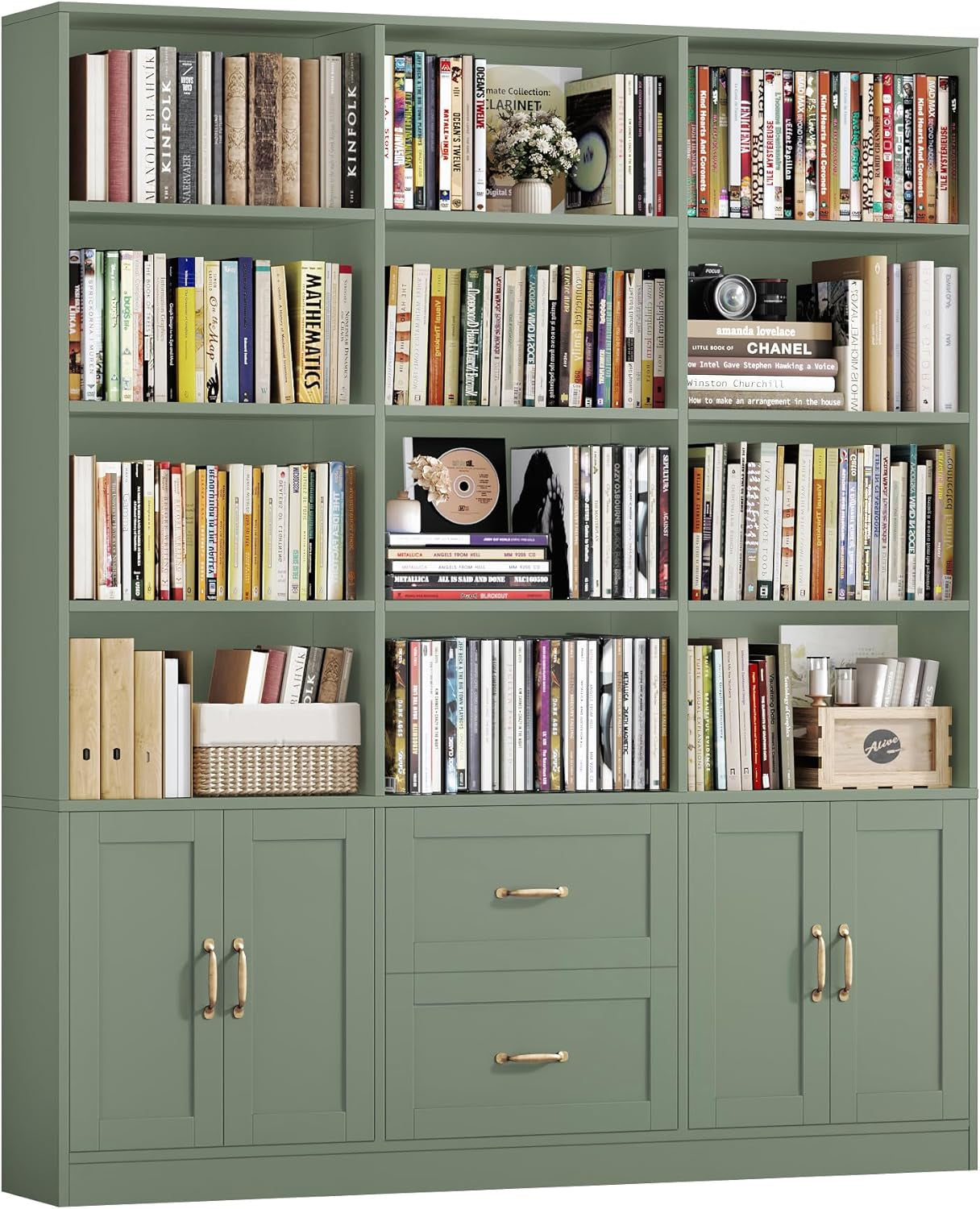 Green triple-wide 6-tier bookshelf front view showing open shelves, drawers and cabinets.