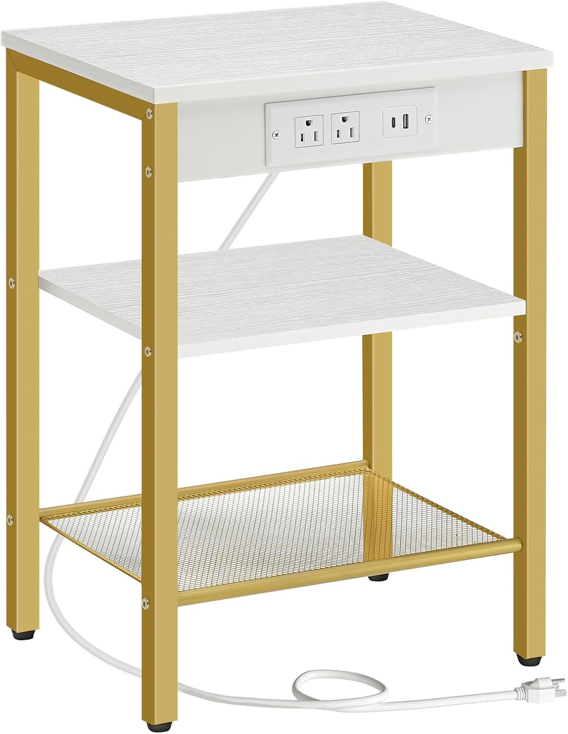 Single white table with gold metal legs, white shelves and a white power module on the apron.