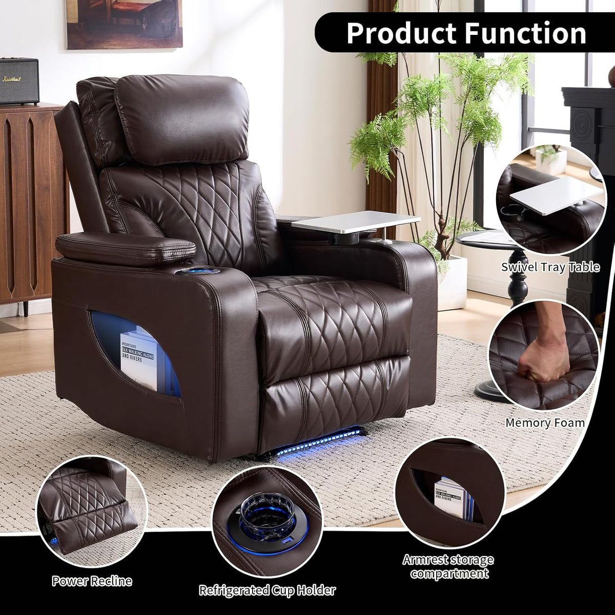 Brown recliner in a living room showing swivel tray, refrigerated cup holder, power recline and armrest storage.