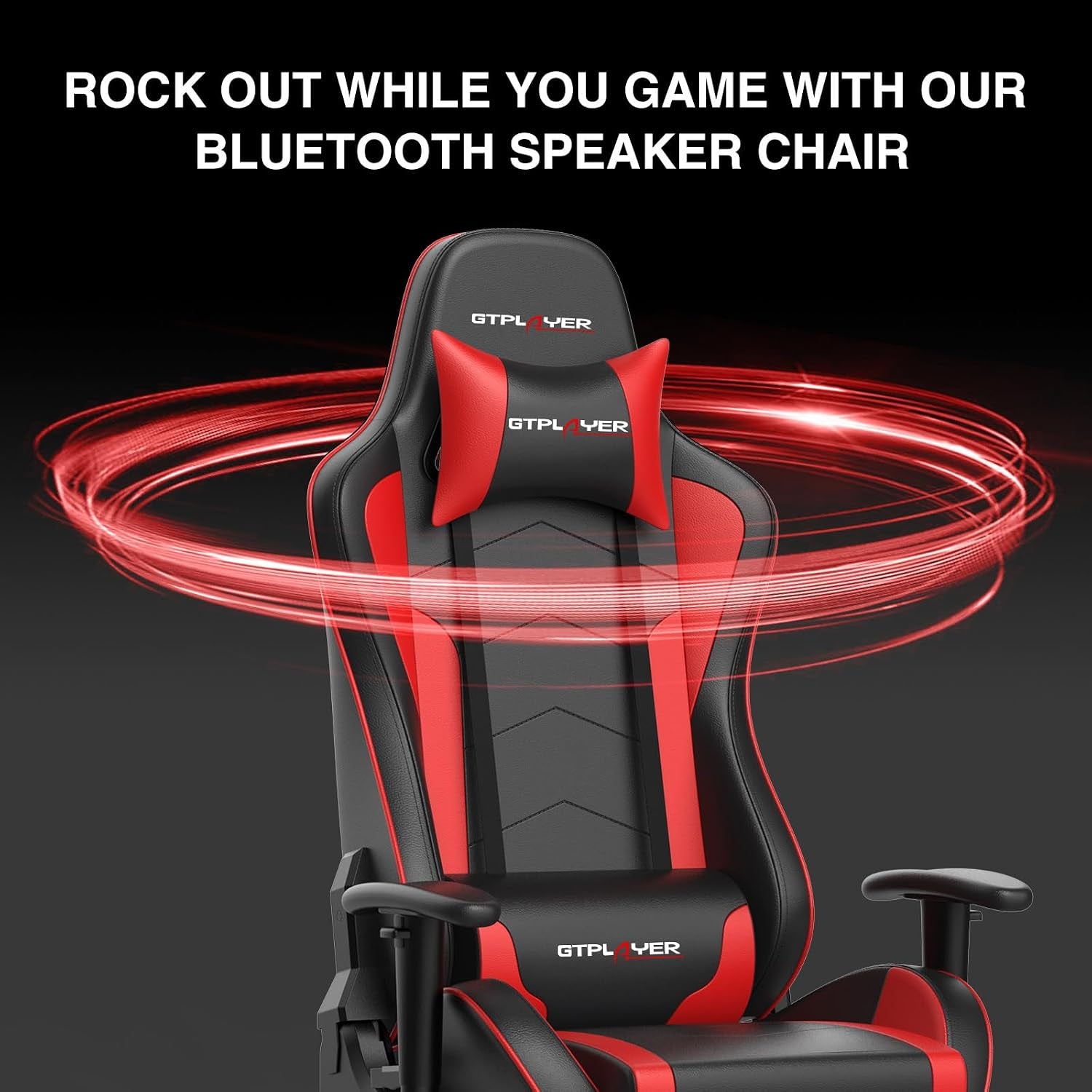 Front view of the red-and-black gaming chair with matching neck pillow and swirling red motion effect around the head area.