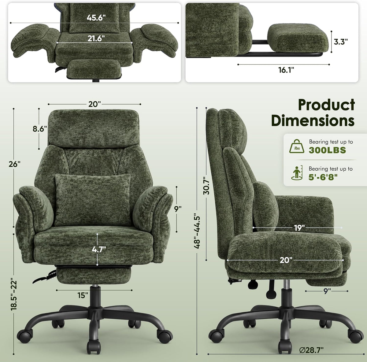 ELABEST C57 Ergonomic Reclining Office Chair with Footrest,Velvet Desk Chairs with 6-Stage Adjustable Wing, gallery view 3
