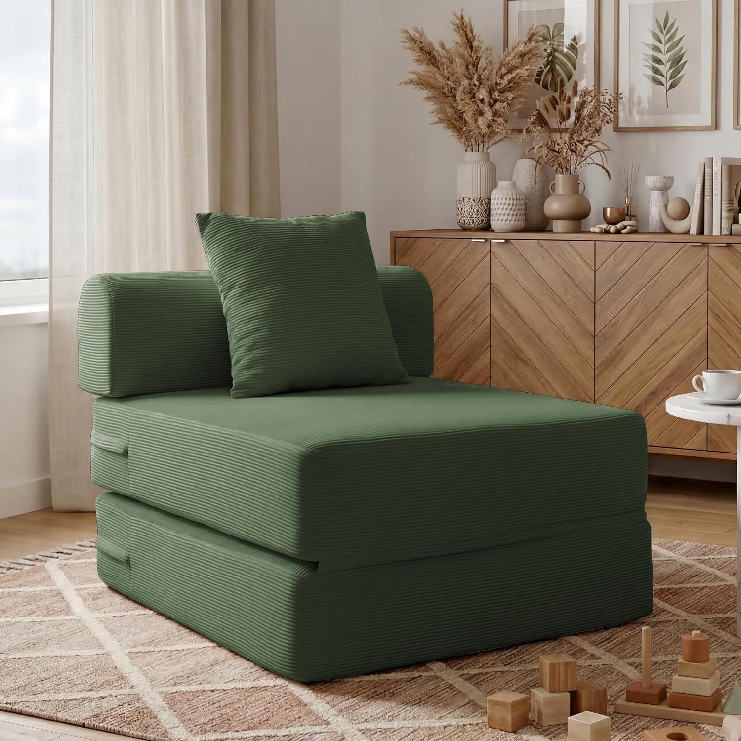 Green corduroy folding chaise with single back cushion in a living room corner beside a wooden cabinet.