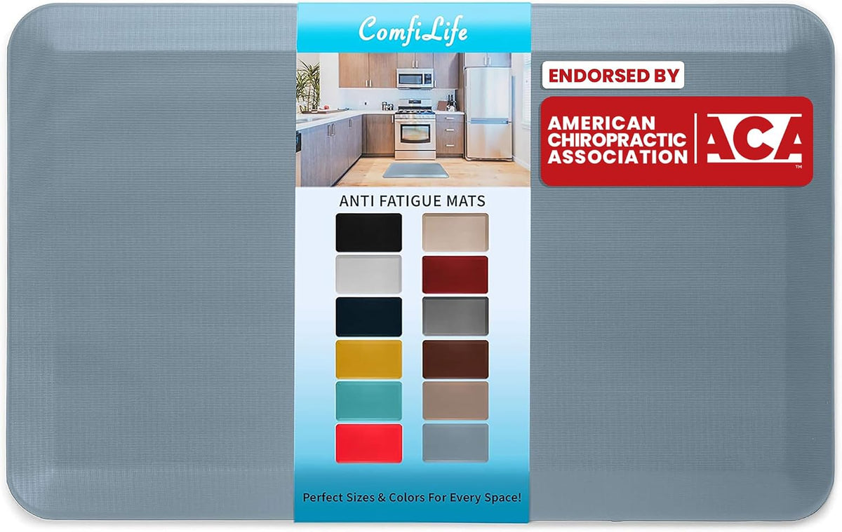 blue-gray rectangular anti-fatigue mat with center label band showing color swatches and kitchen photo