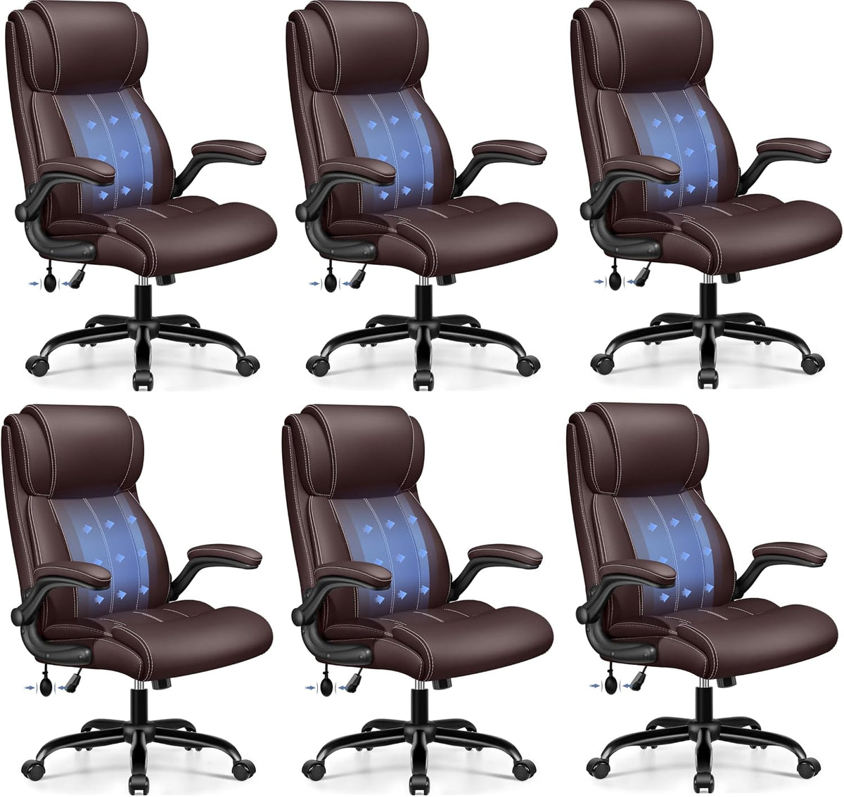 Six identical dark-brown office chairs arranged in two rows, each showing slightly different tilt positions.