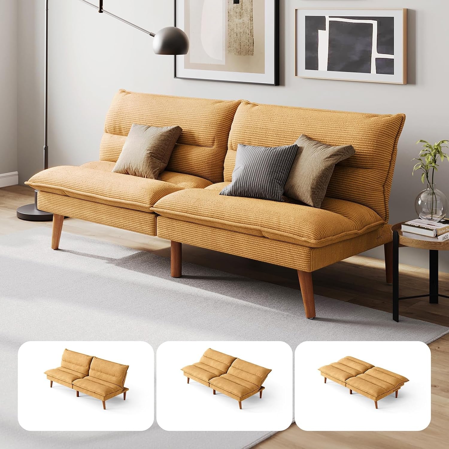 Yellow corduroy futon loveseat angled front view with wooden legs in a living room setting