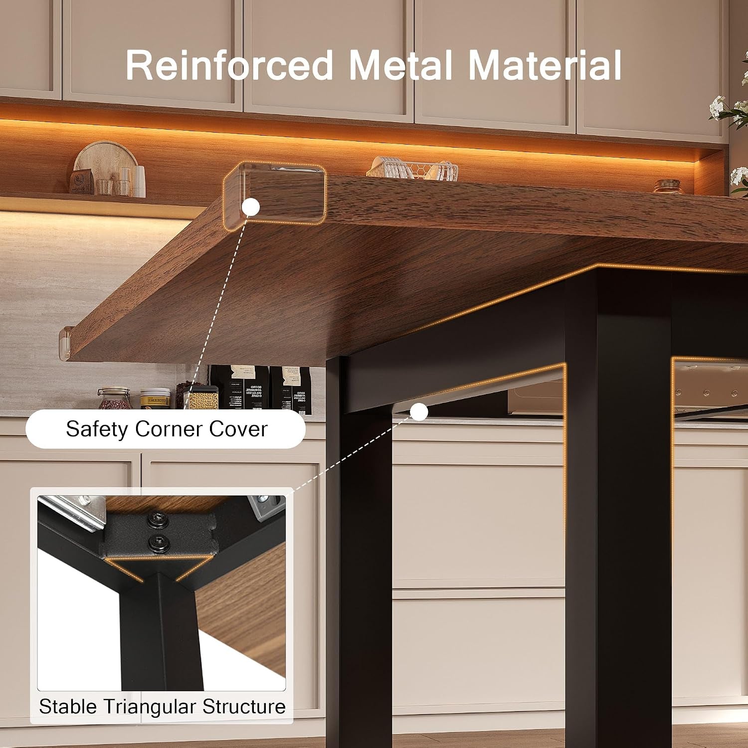 Under-table view highlighting black metal legs, triangular support structure, and safety corner cover