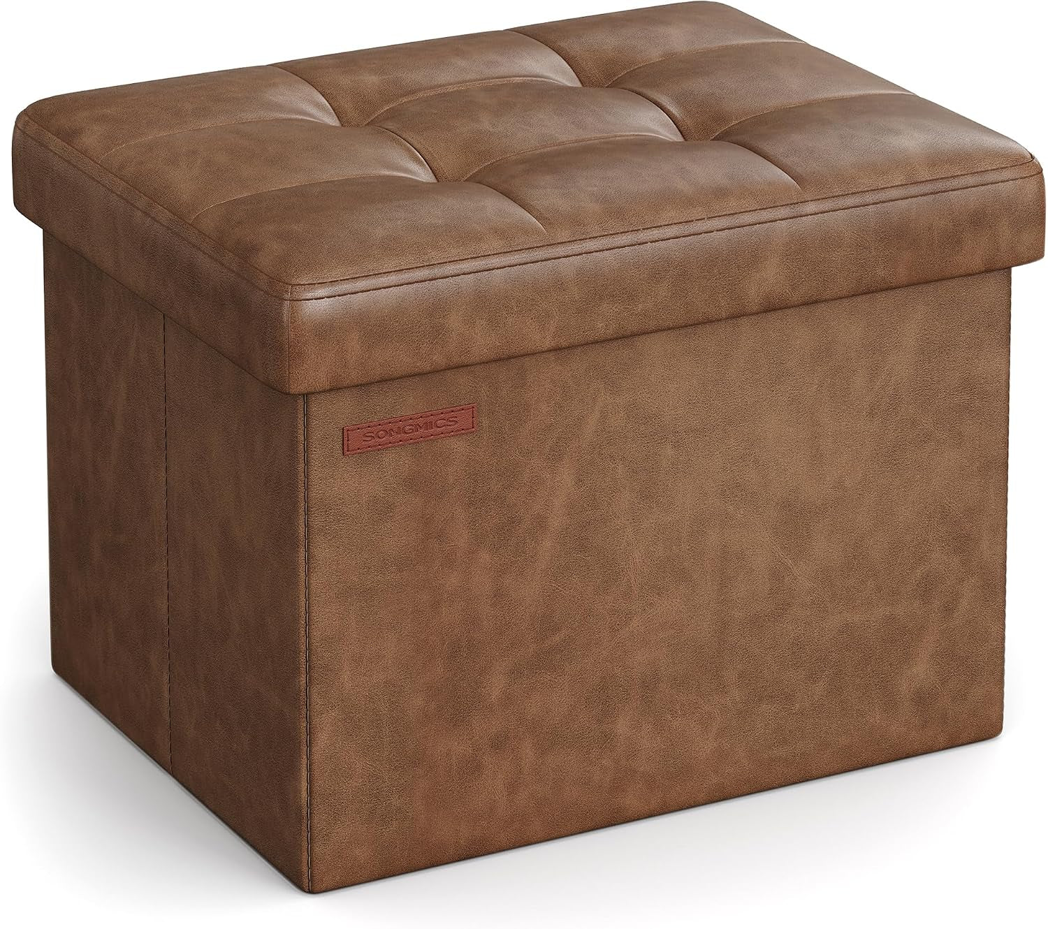 Coffee brown tufted synthetic leather square storage ottoman front three-quarter view