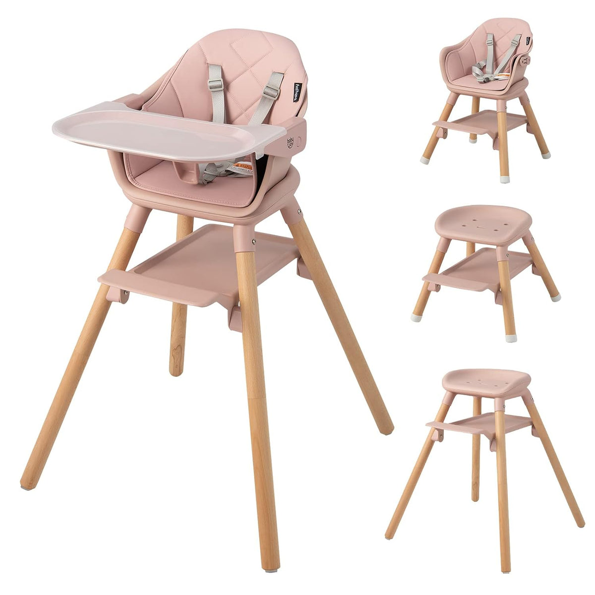 Front three-quarter view of a pink convertible high chair with wooden legs and removable tray.