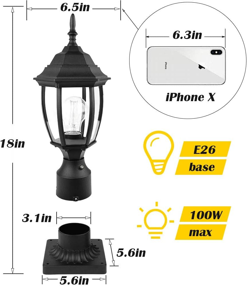 Dimensional diagram of black post lantern showing 6.5in width, 18in height and pier mount base measurements