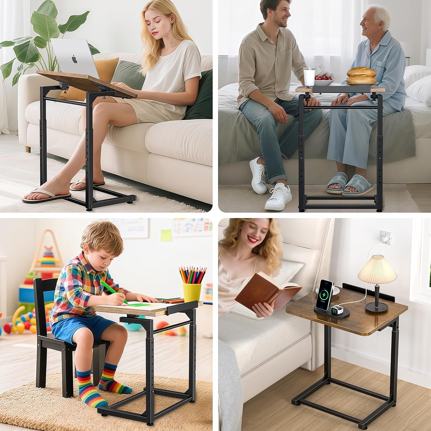 Four lifestyle scenes: woman using tilted table for laptop, two people sharing a table, child drawing at a small desk, and a