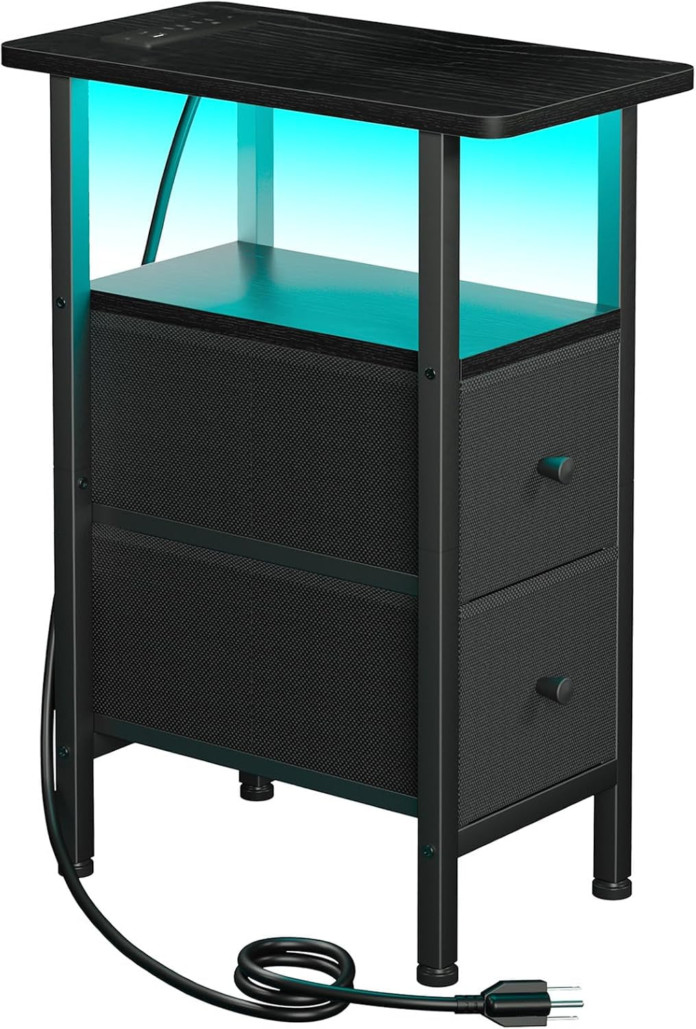 Black narrow table variant with teal interior glow, two drawers and power cord