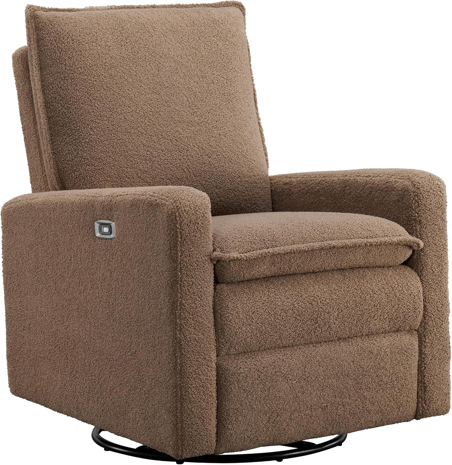 Three-quarter front view of a brown boucle upholstered swivel glider with rounded arms and metal circular base