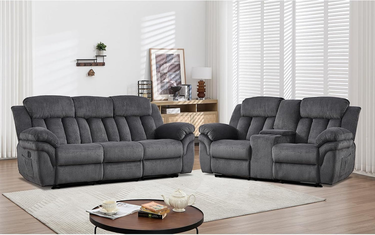 Dark gray three-seat sofa paired with a matching two-seat reclining loveseat with center console.
