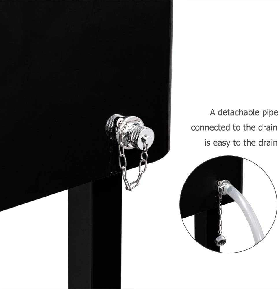 Close-up of the cooler's metal drain fitting with cap on a chain; inset shows a flexible drain hose attached.