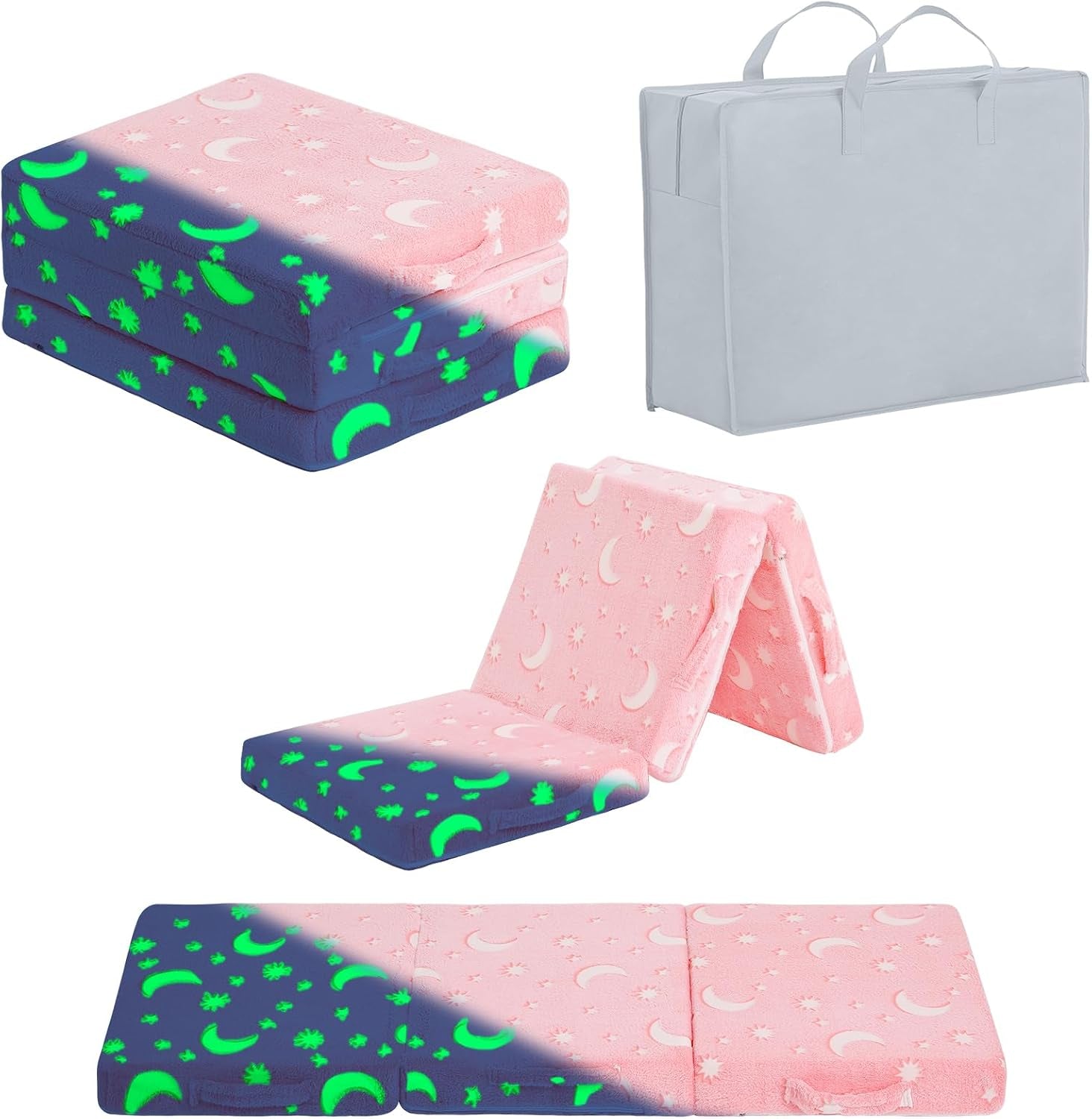Collage showing a pink tri-fold kids mattress folded and unfolded, glow-in-the-dark pattern and a gray storage bag.