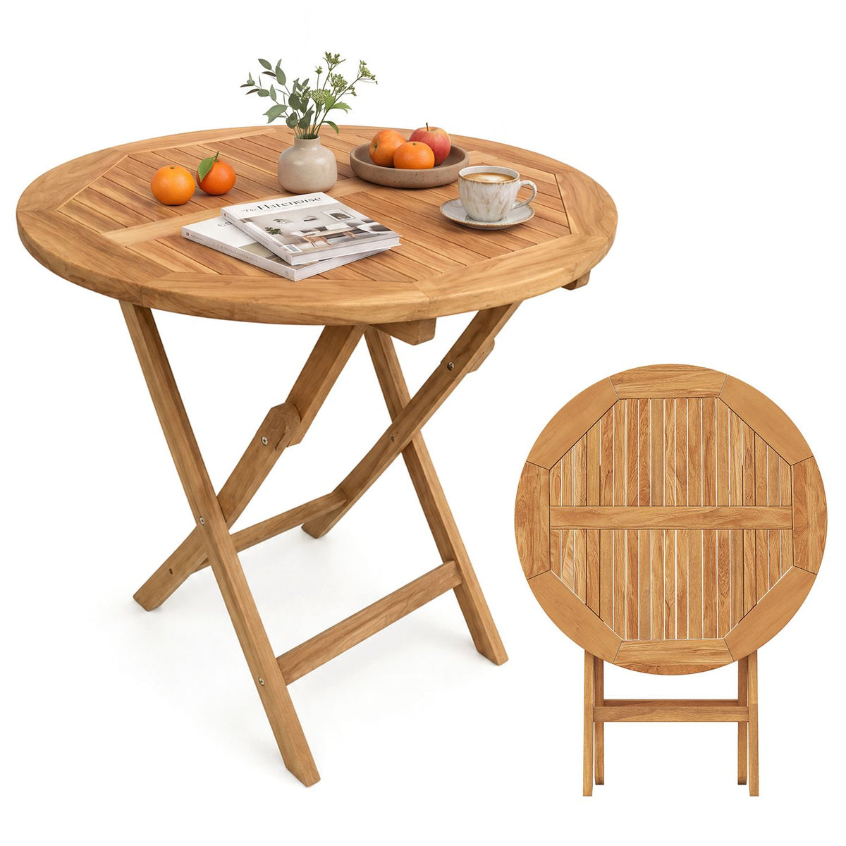 Round wooden folding table set with fruit, a plant, a cup and magazines, with a top-down tabletop inset.