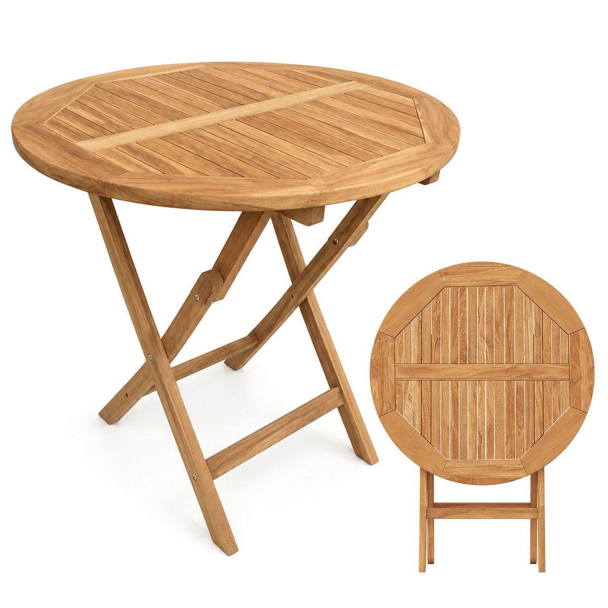 Unadorned round wooden folding table shown at an angle, with a close top-down inset of its slatted surface.