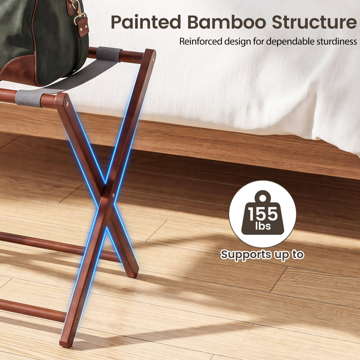 Close-up of a brown crossed rack frame supporting a dark bag, with blue highlights along the legs.