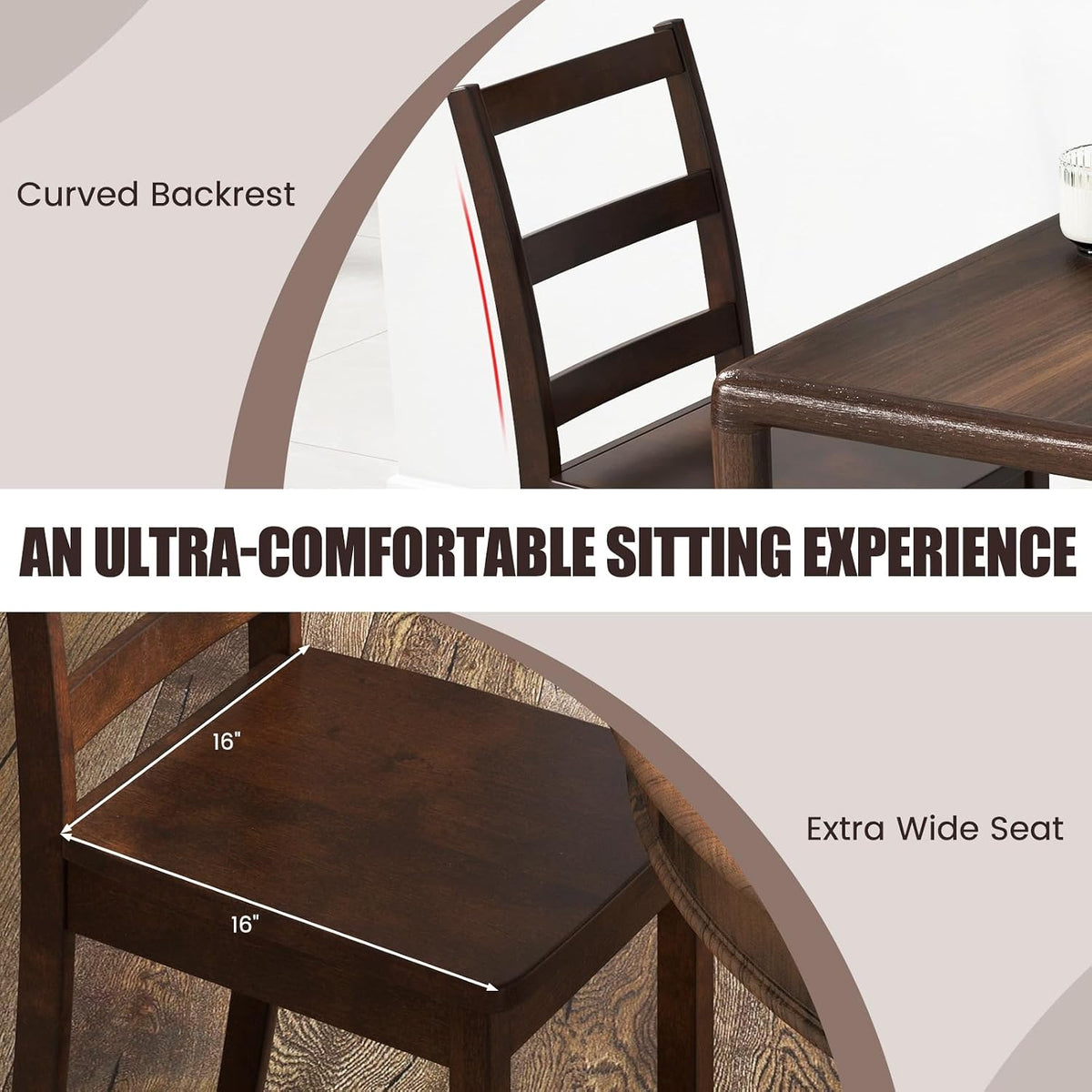 Close-up collage of a dark brown chair's curved backrest and wide seat.