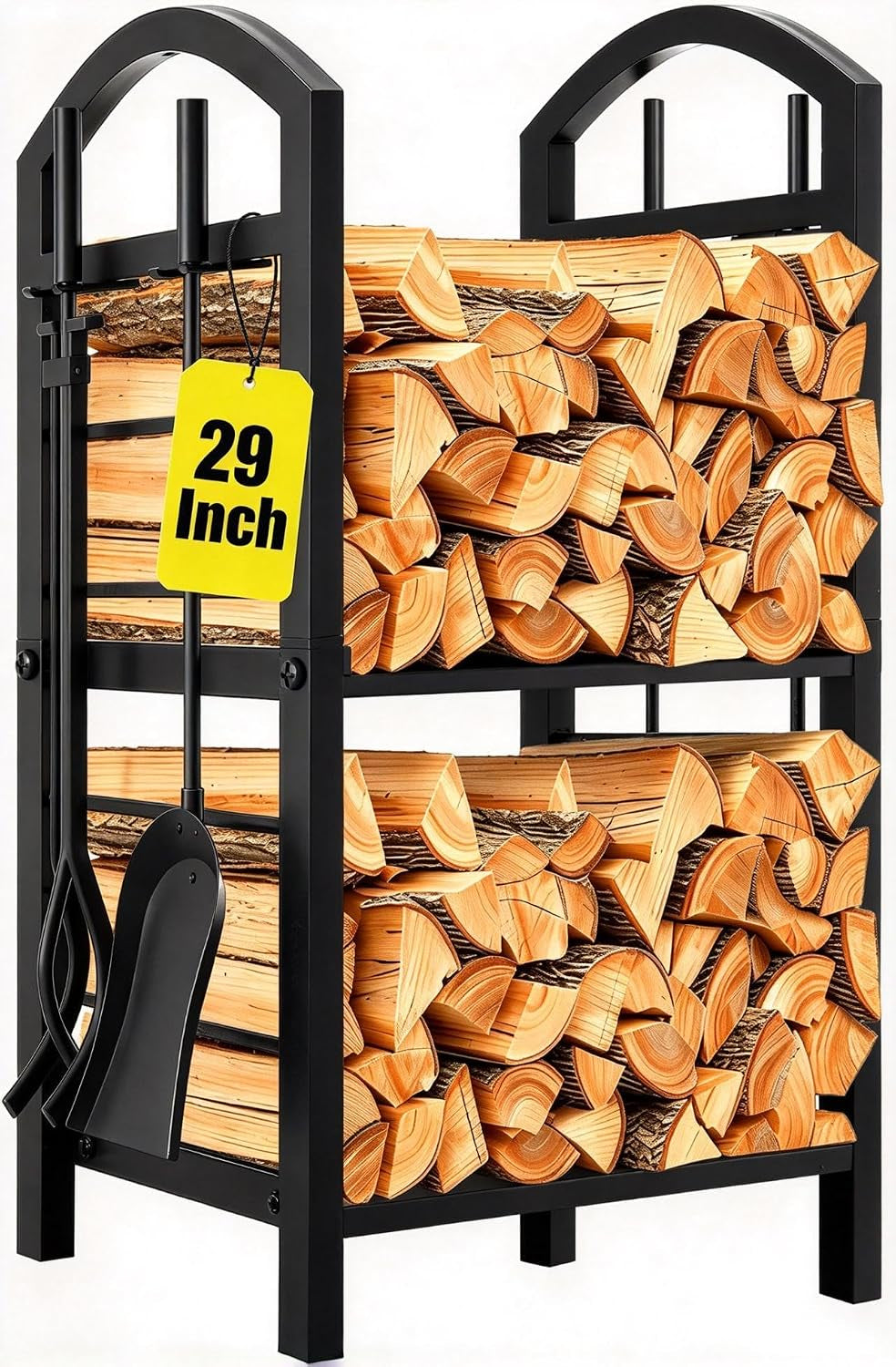 Black two-tier metal firewood rack filled with stacked logs and fireplace tools hanging at the left, angled front view