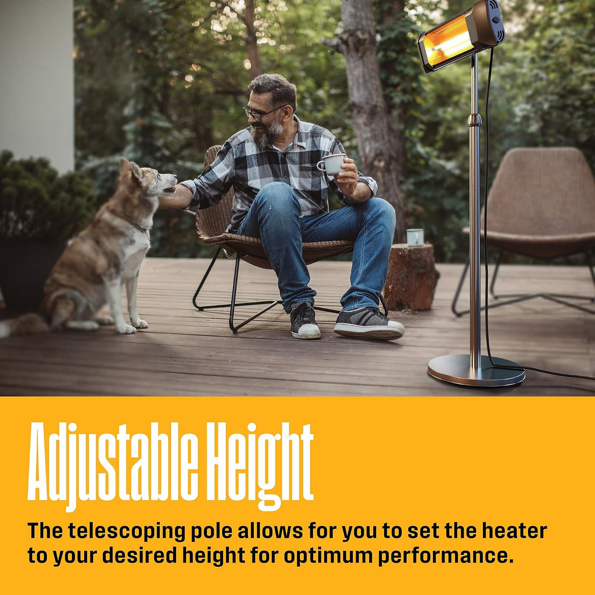 Telescoping patio heater beside a seated man and a dog on a wooden deck in a lifestyle scene