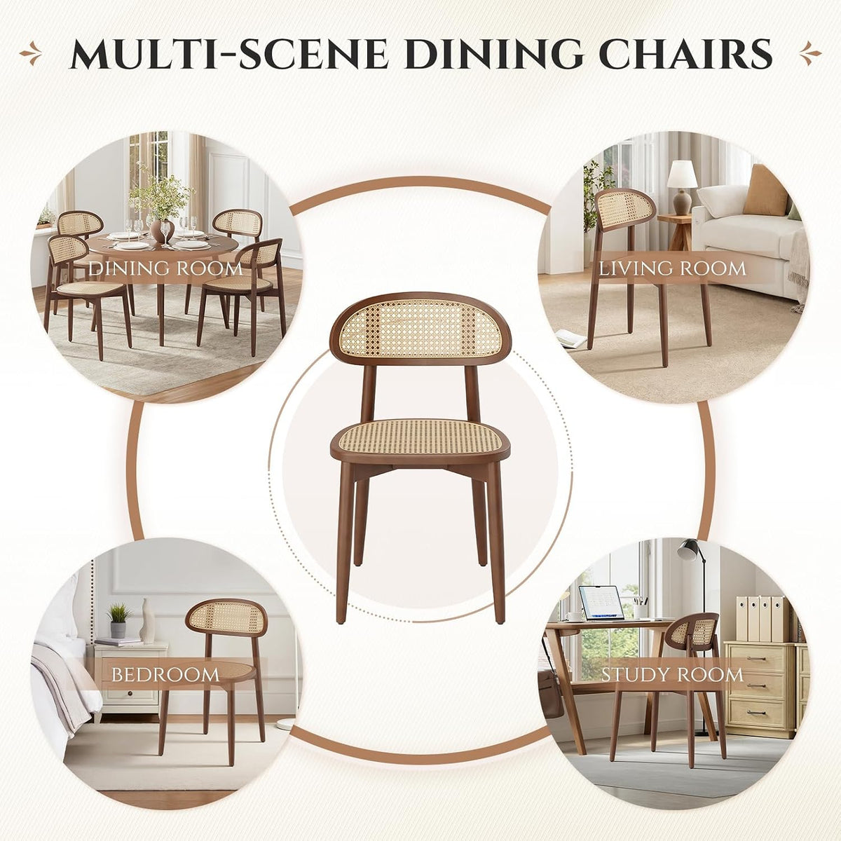 Single armless rattan dining chair on white background with circular insets showing multi-room uses