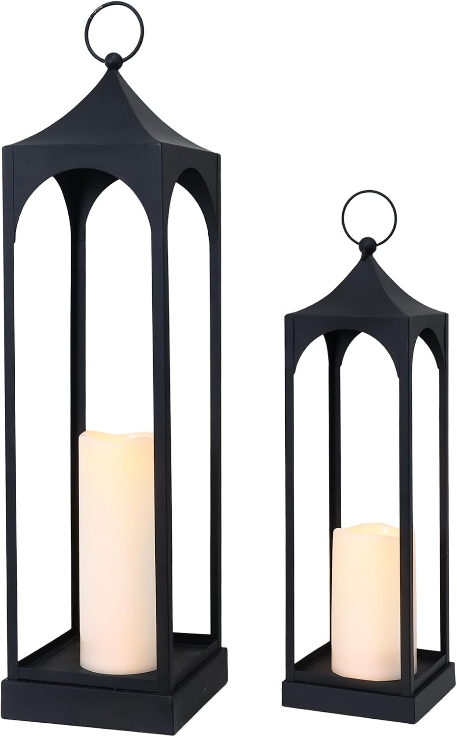 Tall and medium black open-frame lanterns with arched tops and glowing flameless pillar candles on a white background.
