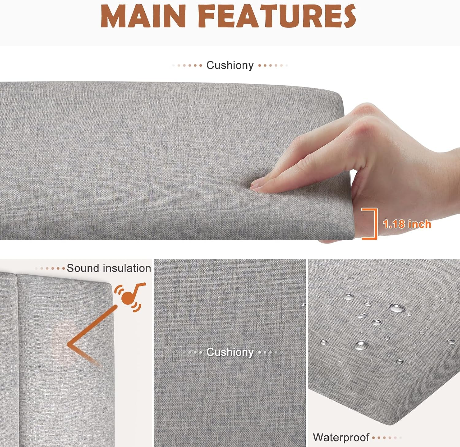 Close-up collage of a gray cushion panel being pressed with a hand, fabric texture, and water-droplet detail