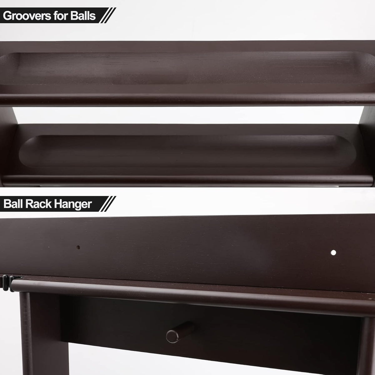 Close-up of two dark wood ball shelves showing recessed grooves shaped to cradle pool balls