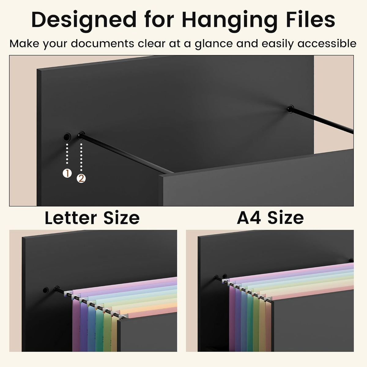 Close-up showing the hanging-file rod inside the bottom drawer configured for Letter and A4 folder placement