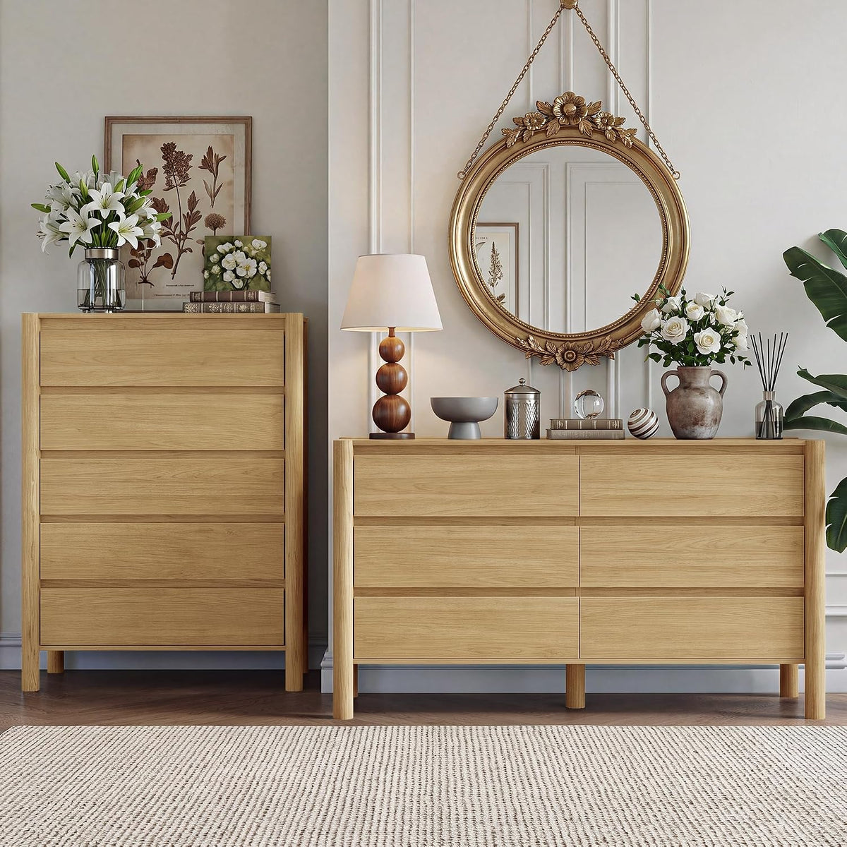Front view of a tall 5-drawer chest beside a wide dresser in warm walnut with recessed drawer fronts.